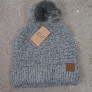 Super Soft Knit Fur Pom C.C. Beanie Hat, New with Tag - Light Grey